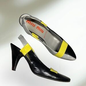 Miu Miu yellow black color block leather slingback heels shoes size 39.5